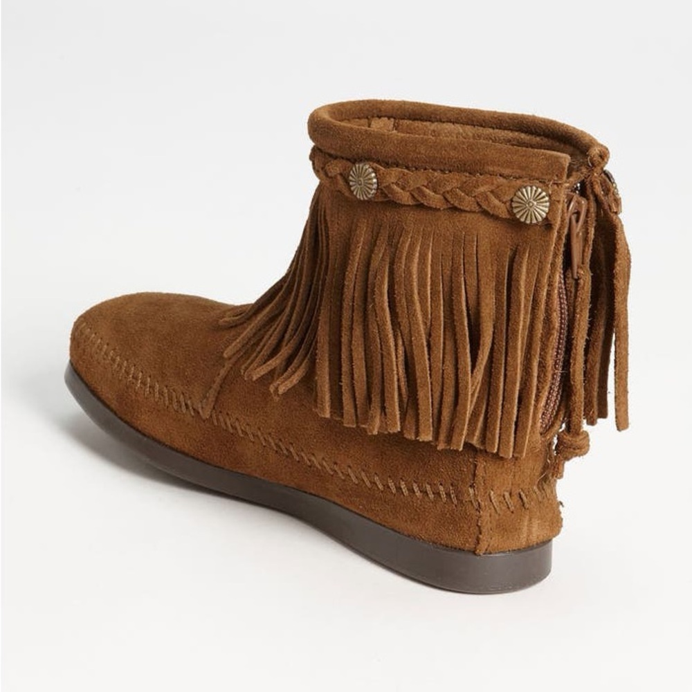 Minnetonka Brown Suede Fringe Bootie Moccasins - Picture 3 of 17